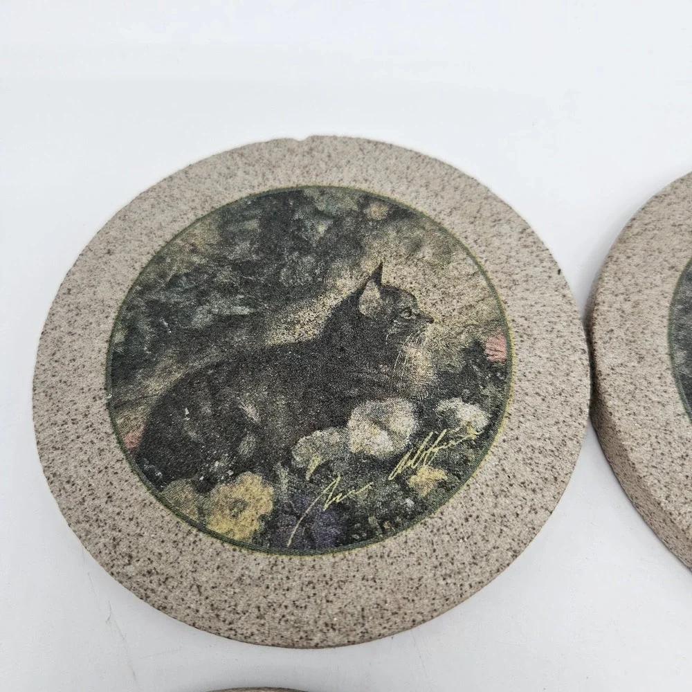 4 Vintage Cat Coasters Natural Sandstone Cork Back *heavy* Grandma Core